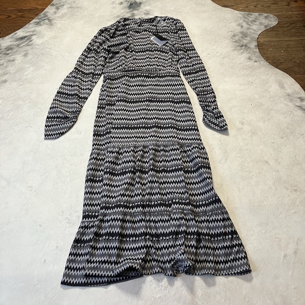 Area Stars Zee Dress Womens Size Small Black Gray Midi Open Back Long Sleeve